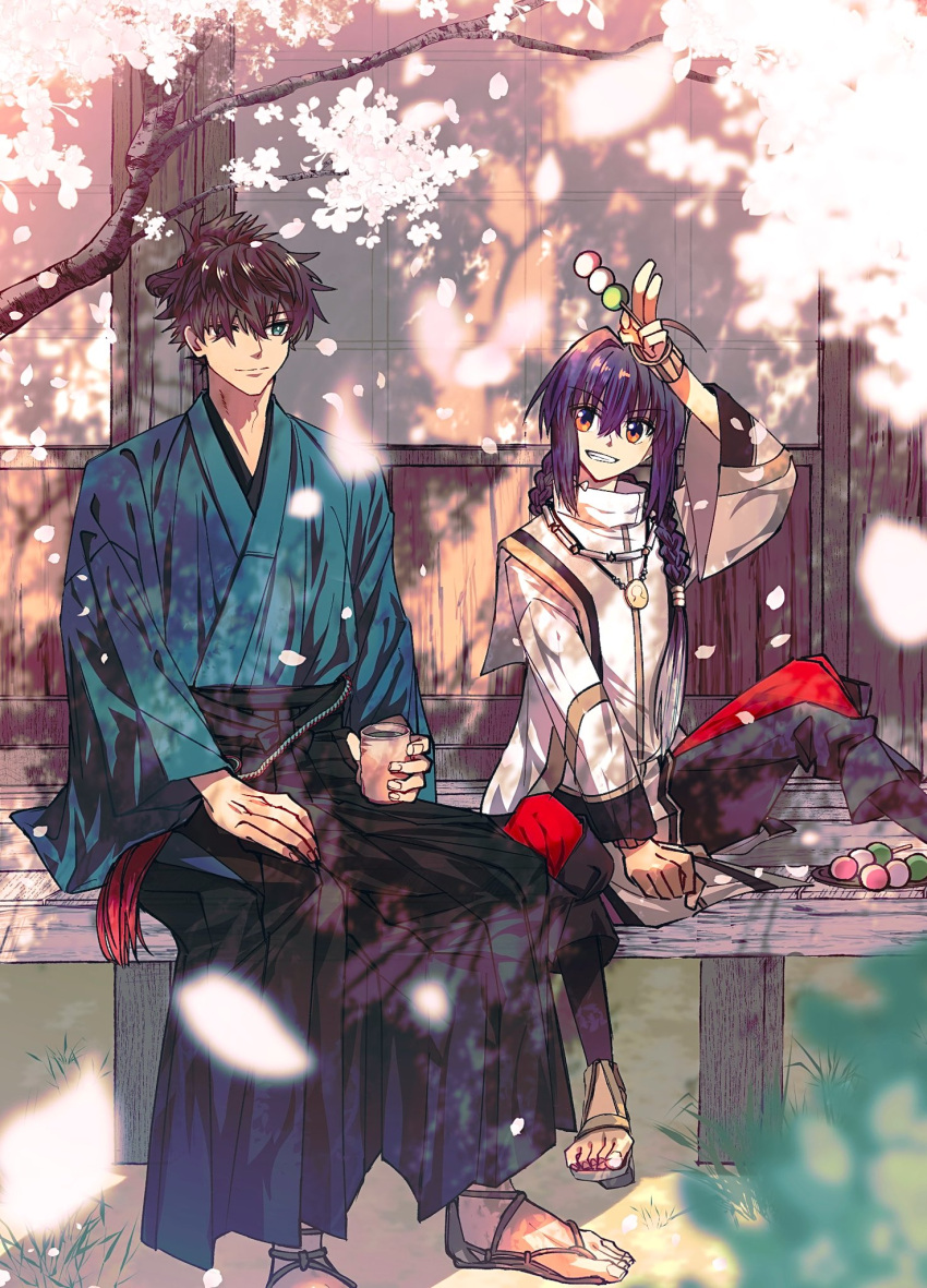 1boy, 1other, ahoge, amulet, androgynous, black_hair, black_hakama, blue_eyes