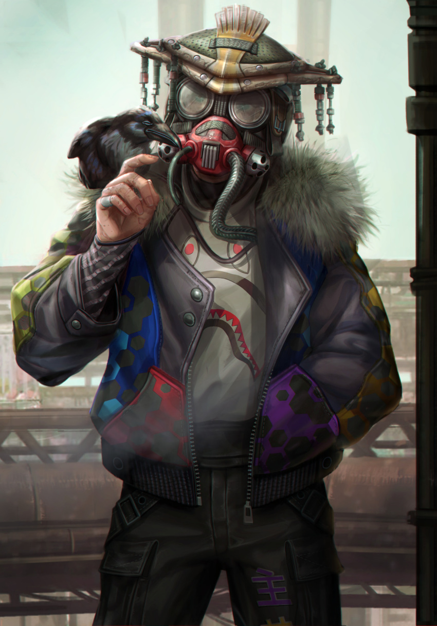 1other, a_bathing_ape, ambiguous_gender, animal_on_shoulder, apex_legends, bird, bird_on_shoulder, black_jacket