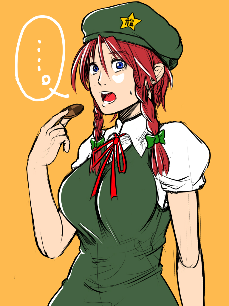 alternate_hairstyle, blue_eyes, braid, cookie, food, hat, hong_meiling, open_mouth, red_hair, redhead, ribbon, shimuni, short_hair, star, touhou, twin_braids