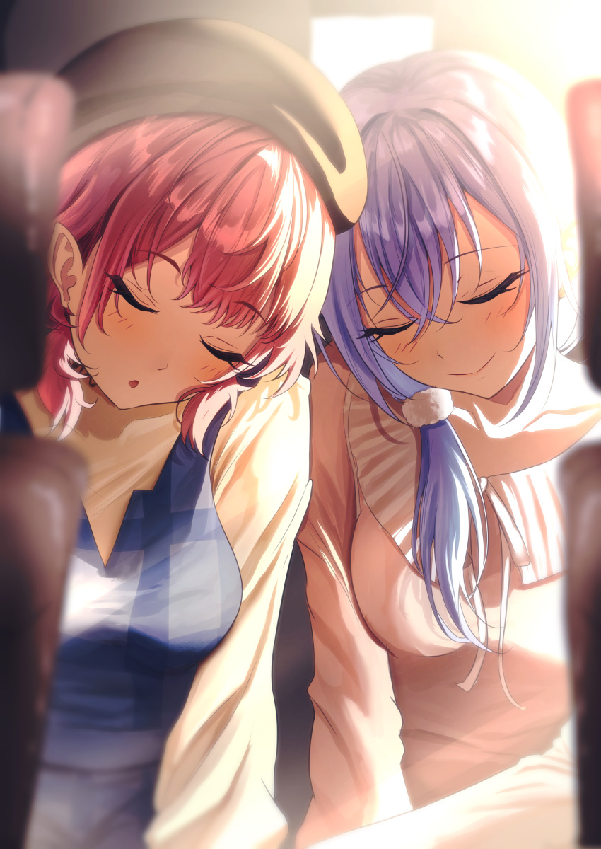 2girls, absurdres, beret, black_headwear, blue_dress, blue_hair, blush, breasts
