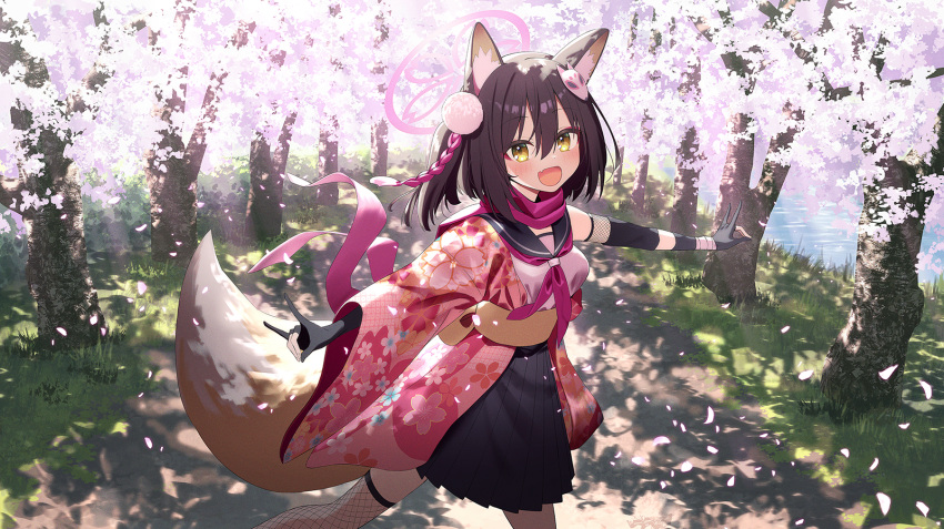 1girl, :d, black_gloves, blue_archive, blush, brown_hair, cherry_blossoms, day