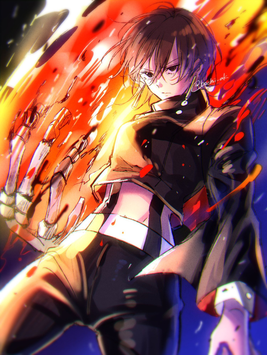 1girl, akanashi_(bachi_ak), black_hair, black_jacket, black_pants, bone, earrings, fighting_stance