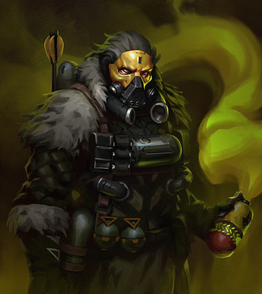 1boy, apex_legends, black_jacket, blackheart_caustic, caustic_(apex_legends), english_commentary, explosive, fur-trimmed_jacket