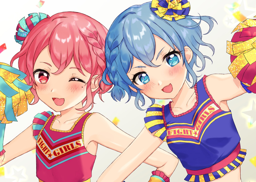 1boy, 1girl, :d, bare_shoulders, blue_eyes, blue_hair, blue_shirt, braid