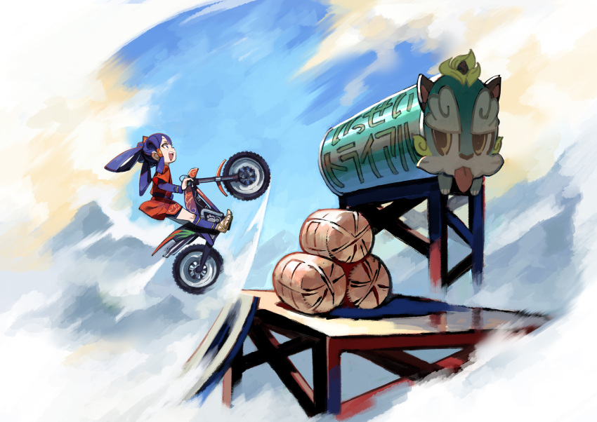 1girl, artist_request, black_hair, dirtbike, full_body, hair_rings, highres, japanese_clothes