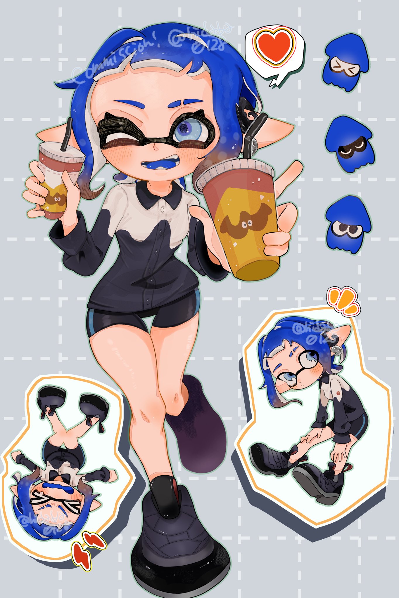 >_<, 1girl, bike_shorts, black_footwear, black_shorts, blue_eyes, blue_hair, closed_eyes