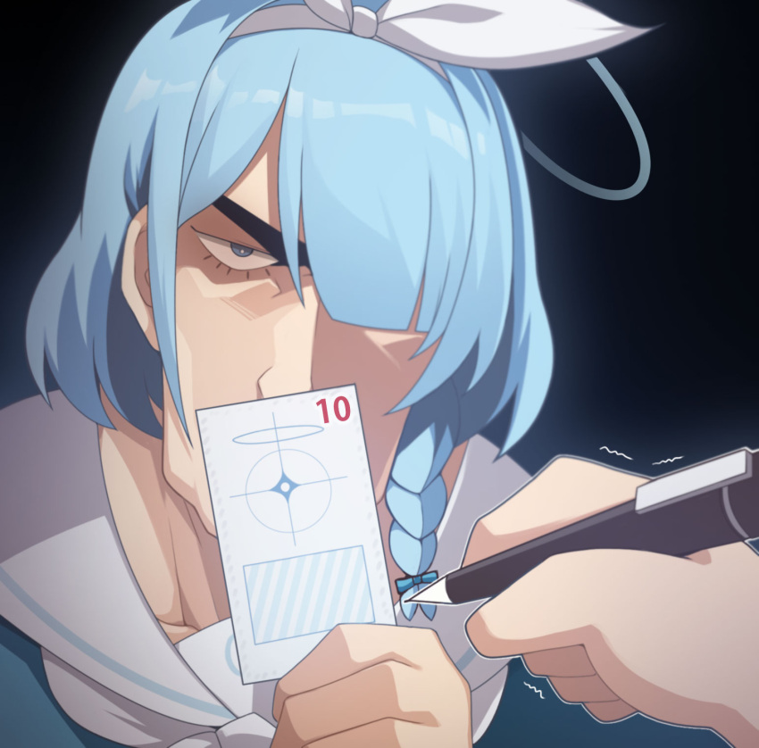 1girl, 1other, arona_(blue_archive), blue_archive, blue_hair, blue_shirt, braid, commentary, covered_mouth, crayon_shin-chan, crayon_shin-chan:_adventure_in_henderland, fuyu_no_usagi, gacha, hairband, halo, highres, holding, holding_paper, holding_pen, looking_at_viewer, neckerchief, one_eye_covered, paper, parody, pen, pov, pov_hands, school_uniform, sensei_(blue_archive), serafuku, shirt, single_braid, style_parody, trembling, upper_body, white_hairband, white_neckerchief