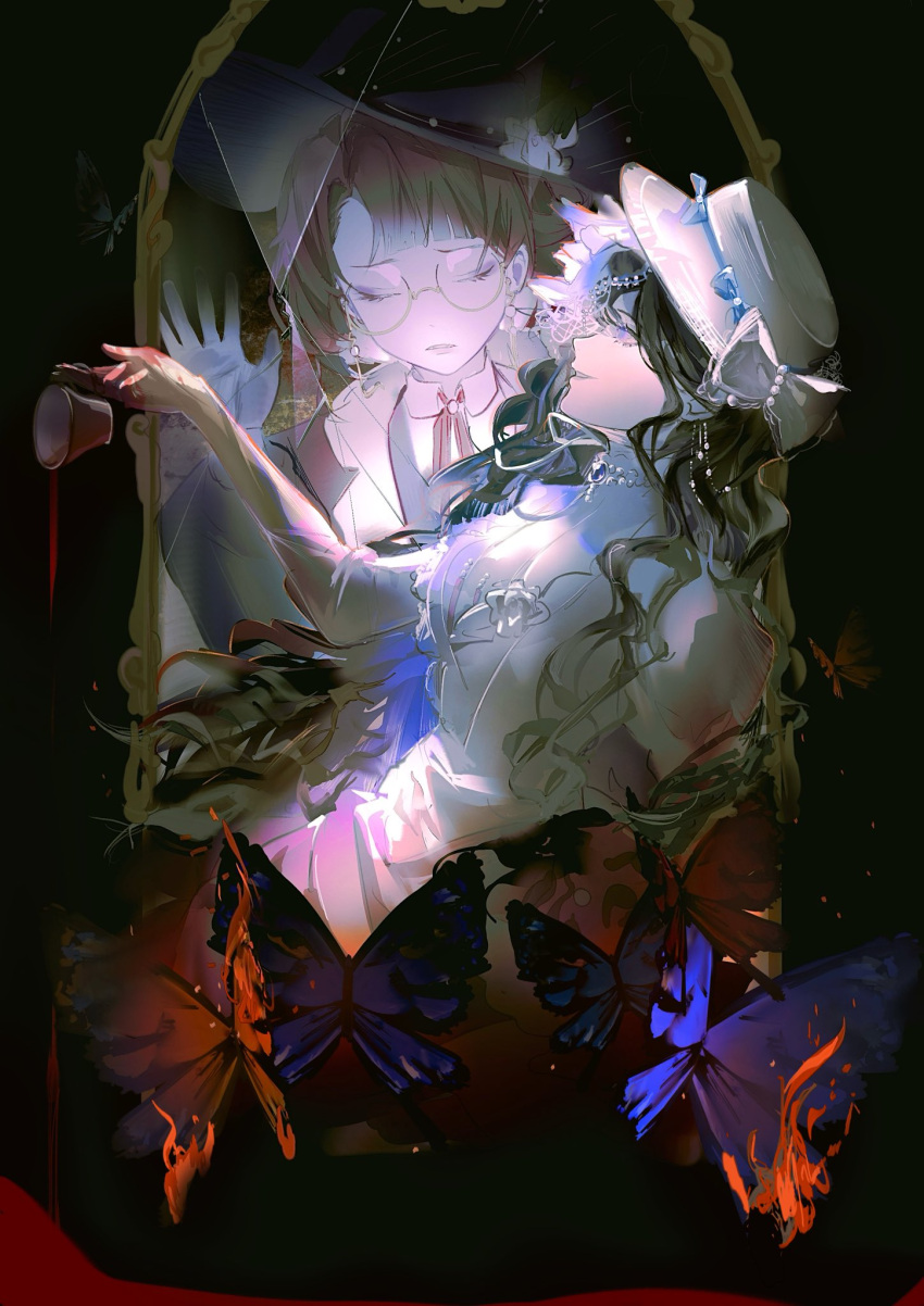 02_ihate99, 2girls, black_background, black_hair, blue_butterfly, bow, broken_mirror, brown_hair, bug, butterfly, closed_eyes, cup, different_reflection, dress, fire, glasses, gloves, green_headwear, hand_up, hat, hat_bow, highres, holding, holding_cup, isolde_(reverse:1999), juliet_sleeves, kakania_(reverse:1999), long_hair, long_sleeves, mirror, multiple_girls, neck_ribbon, profile, puffy_sleeves, red_ribbon, reflection, reverse:1999, ribbon, round_eyewear, shirt, upper_body, violet_eyes, white_bow, white_dress, white_headwear, white_shirt, yellow_gloves