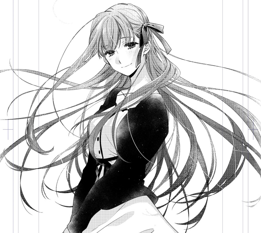 1girl, blush, buttons, commentary, cowboy_shot, crossed_bangs, dress, fate/stay_night