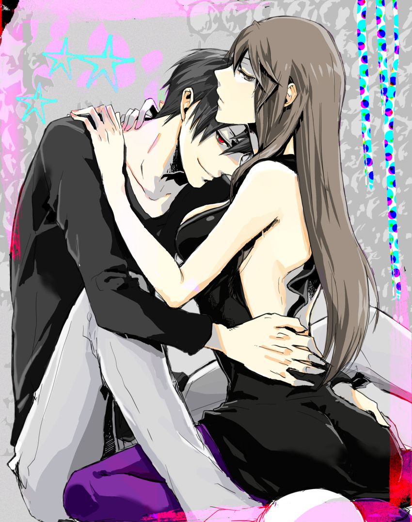 1girl, bare_shoulders, black_hair, breasts, brown_eyes, brown_hair, couple, dress