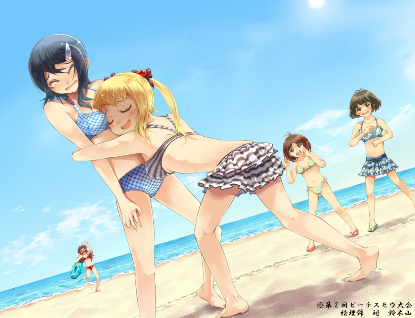 akizuki_ryou, angry, antenna_hair, barefoot, beach, bikini, blonde_hair, blue_hair