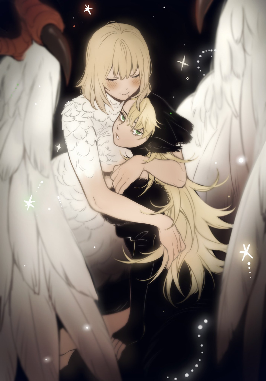 2girls, black_dress, blonde_hair, blush, centauroid, claws, closed_eyes, closed_mouth, dcon_34, detached_hood, detached_sleeves, dress, dungeon_meshi, elf, falin_thorden, falin_thorden_(chimera), feathers, green_eyes, highres, hug, long_hair, marcille_donato, marcille_donato_(dungeon_lord), medium_hair, multiple_girls, pointy_ears, red_scales, sparkle, spoilers, taur