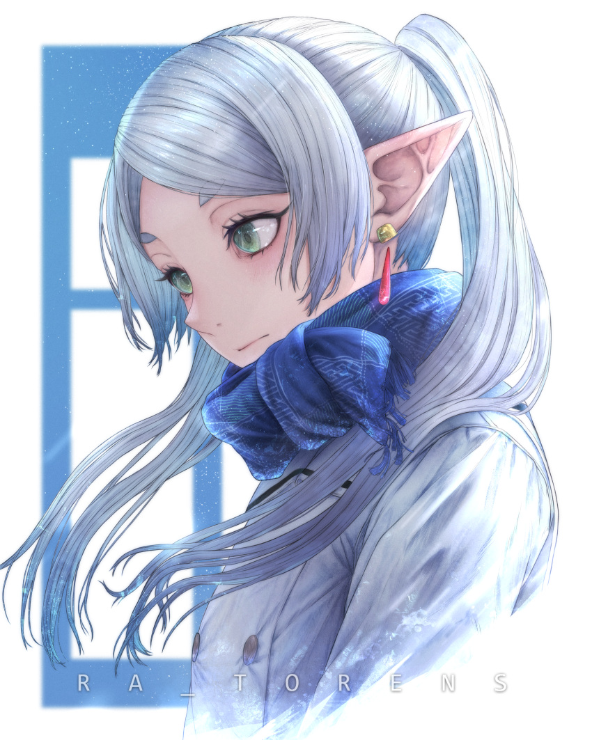 1girl, absurdres, artist_name, blue_hair, earrings, frieren, green_eyes, highres