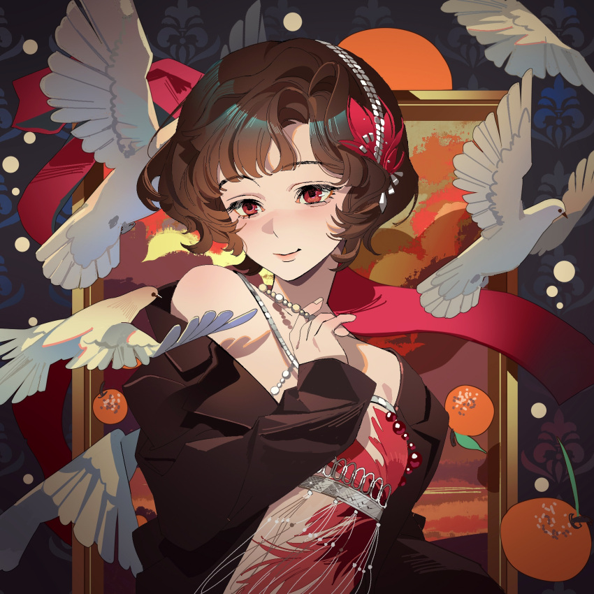 1girl, bird, black_coat, black_hair, closed_mouth, coat, curly_hair, dress