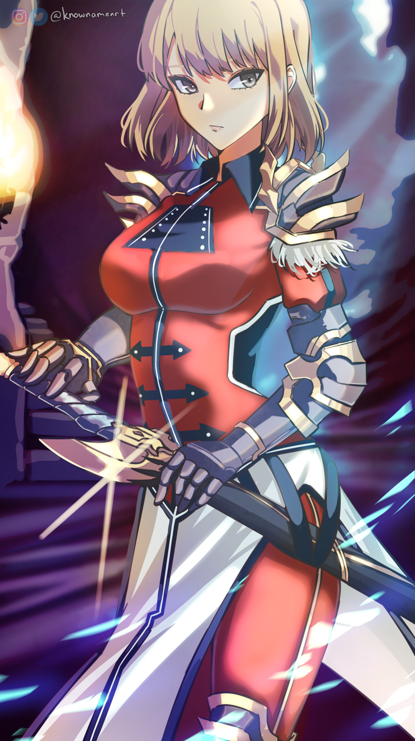1girl, absurdres, armor, blonde_hair, breasts, cha_hae-in, gauntlets, grey_eyes