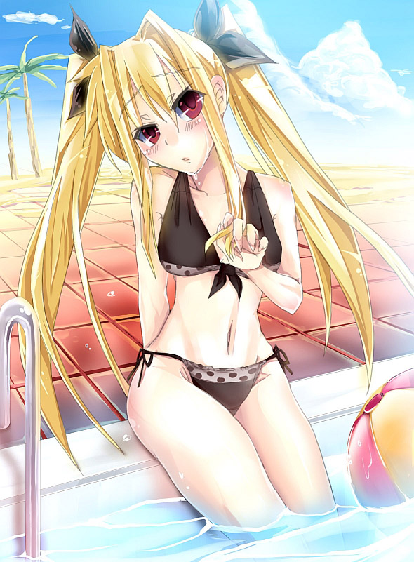 beachball, bikini, fate_testarossa, mahou_shoujo_lyrical_nanoha, pool, solo, swimsuit, twintails, yanagiya_hagiko