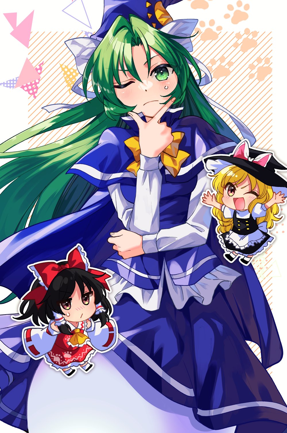 apron, black_hair, black_headwear, black_skirt, black_vest, blonde_hair, blue_cape, blue_capelet