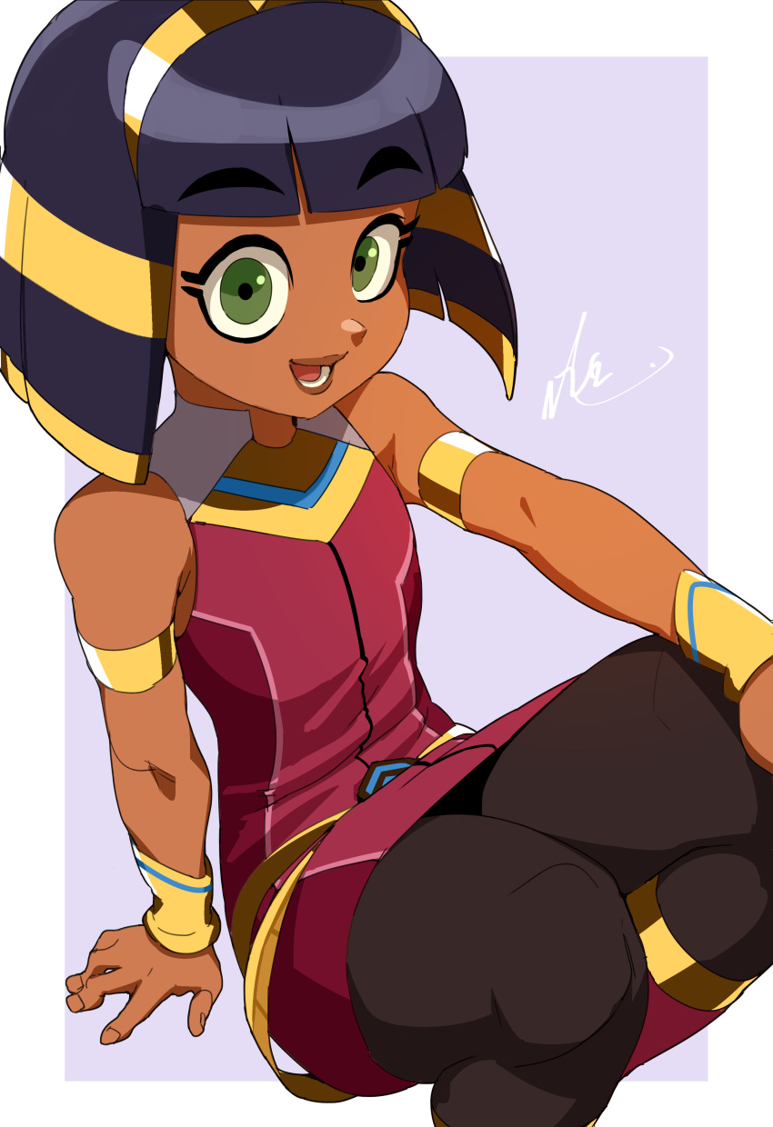 1girl, absurdres, armlet, bracelet, cleopatra_(cleopatra_in_space), cleopatra_in_space, dress, green_eyes, highres, jewelry, leggings, naze, open_mouth, red_dress, sleeveless, sleeveless_dress, solo