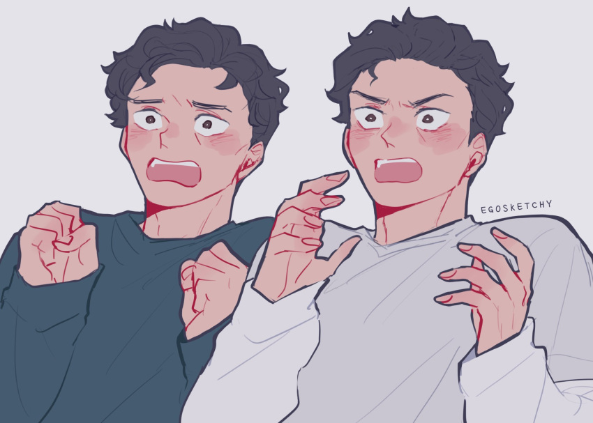 2boys, animification, artist_name, black_hair, blue_shirt, blush, brown_eyes, clenched_hands