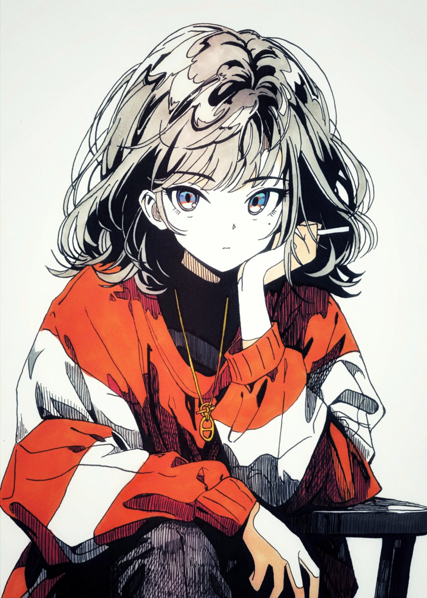 1girl, black_pants, black_shirt, blue_eyes, cigarette, closed_mouth, dong-hang, expressionless