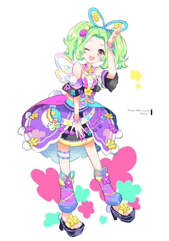 1girl, ;d, arm_up, belt_pouch, bracelet, dress, flower, full_body