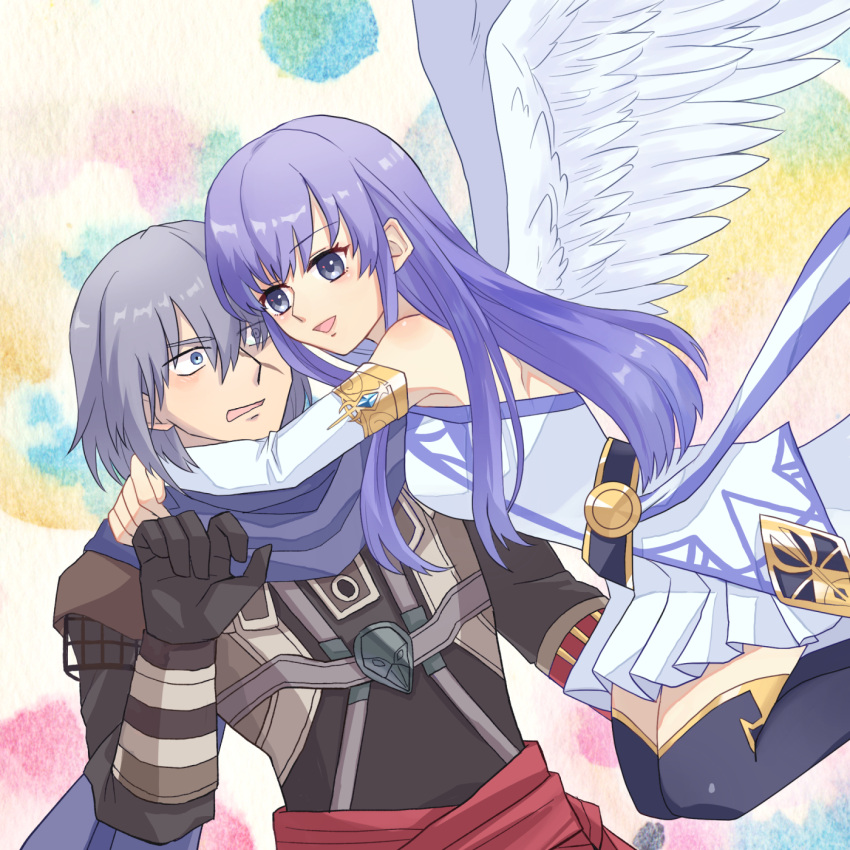 1girl, black_gloves, black_thighhighs, blue_eyes, chacco_suke, detached_sleeves, dress, feathered_wings, gloves, grey_eyes, grey_hair, hair_between_eyes, highres, light_blush, long_hair, looking_at_another, open_mouth, purple_hair, reah_(ys), scar, scar_on_face, short_dress, short_hair, smile, solo, surprised, thigh-highs, toal_fact, white_dress, white_sleeves, white_wings, wings, ys, ys_origin