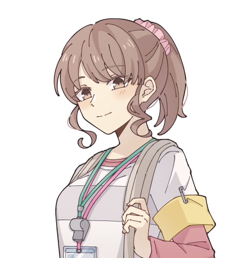 1girl, armband, breasts, brown_eyes, brown_hair, commentary, hair_ornament, hair_scrunchie