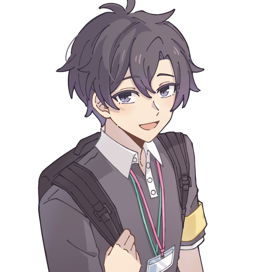 1boy, ascot, backpack, bag, black_bag, black_eyes, black_hair, black_shirt