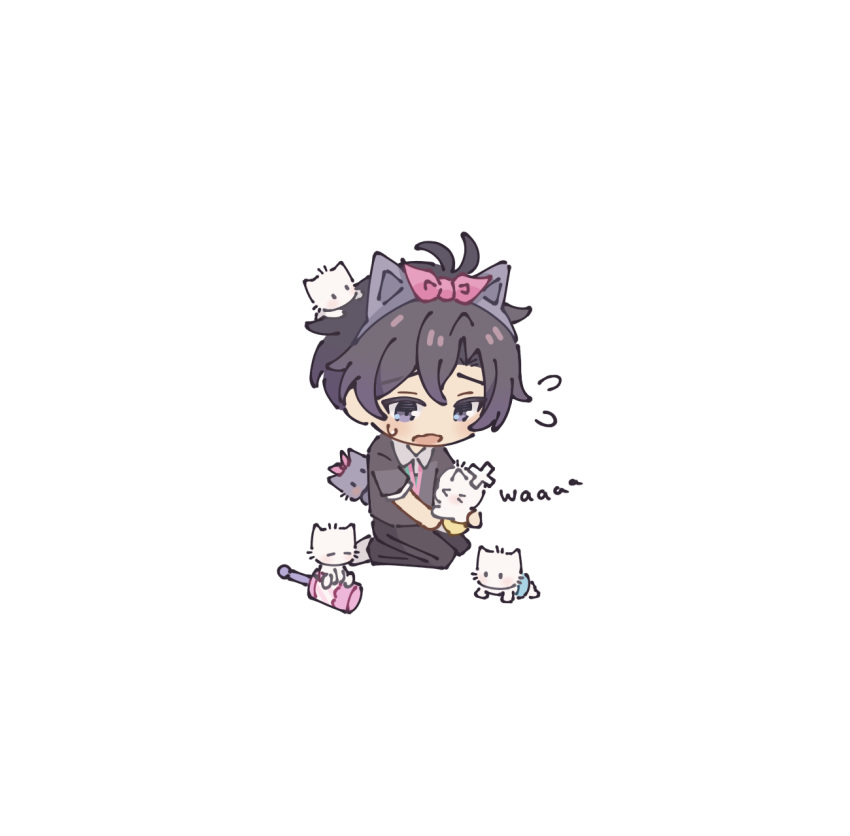 1boy, animal_ear_hairband, animal_ears, black_cat, black_eyes, black_hair, black_pants, black_shirt