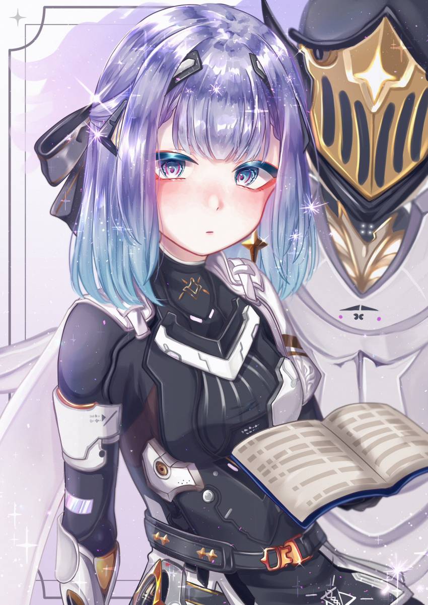 1girl, 1other, alisa_(punishing:_gray_raven), black_bodysuit, black_bow, blue_eyes, blue_hair, bodysuit