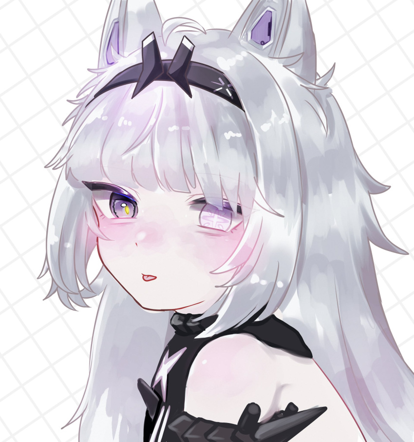 1girl, ahoge, animal_ears, bare_shoulders, black_bodysuit, black_eyes, black_hairband, bodysuit
