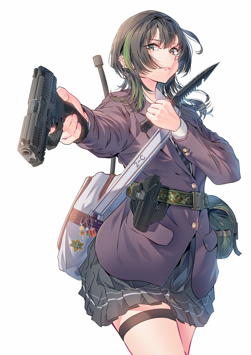 1girl, bag, black_hair, black_necktie, black_skirt, character_request, collared_shirt, commentary_request, copyright_request, cowboy_shot, daito, ear_piercing, earrings, expressionless, finger_on_trigger, green_eyes, green_hair, grey_necktie, gun, h&amp;k_vp9, handgun, highres, holding, holding_gun, holding_knife, holding_weapon, holster, jacket, jewelry, knife, long_hair, looking_at_viewer, m9_(bayonet), necktie, piercing, purple_jacket, school_uniform, shirt, shoulder_bag, simple_background, skirt, solo, striped_necktie, thigh_strap, two-tone_necktie, weapon, white_background, white_shirt