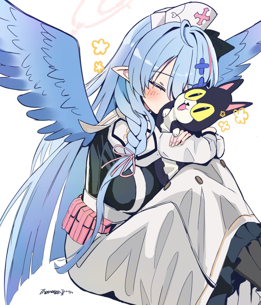 1girl, absurdres, ahoge, black_pantyhose, black_shirt, blue_archive, blue_hair, blue_wings