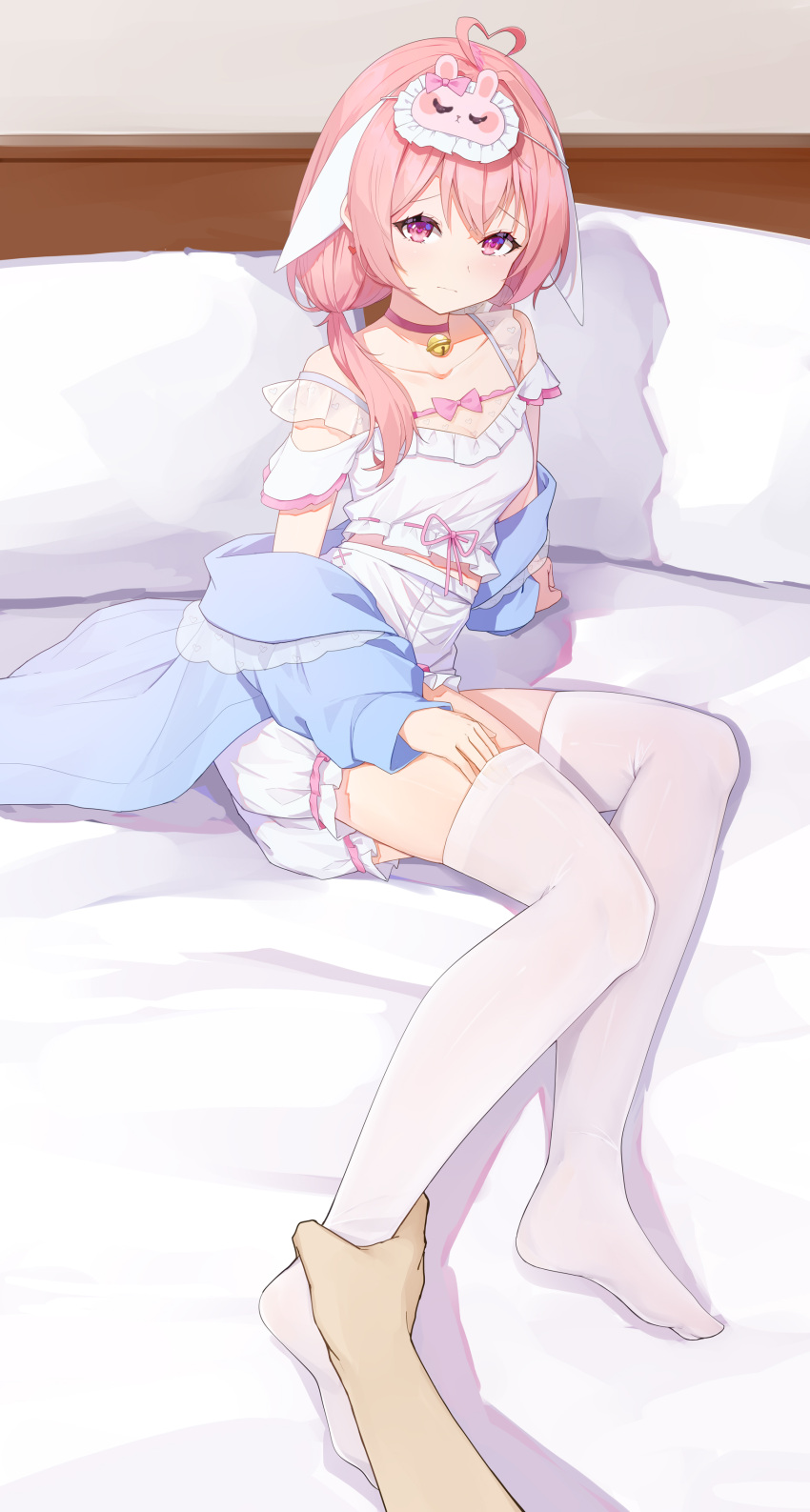 1girl, absurdres, ahoge, animal_ears, arm_support, atsuishio, bed_sheet, bell