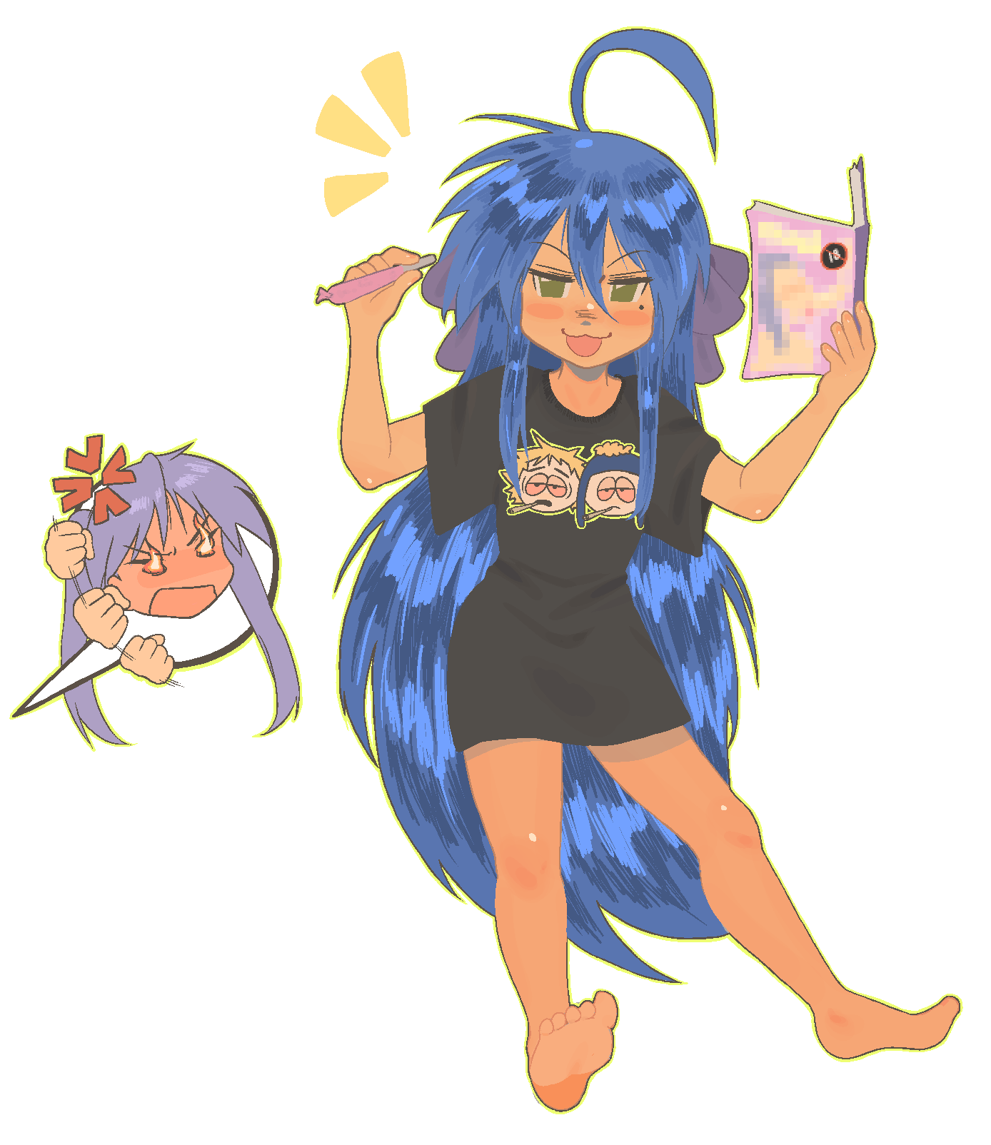 2girls, :3, ahoge, anger_vein, barefoot, black_shirt, blue_hair, blush