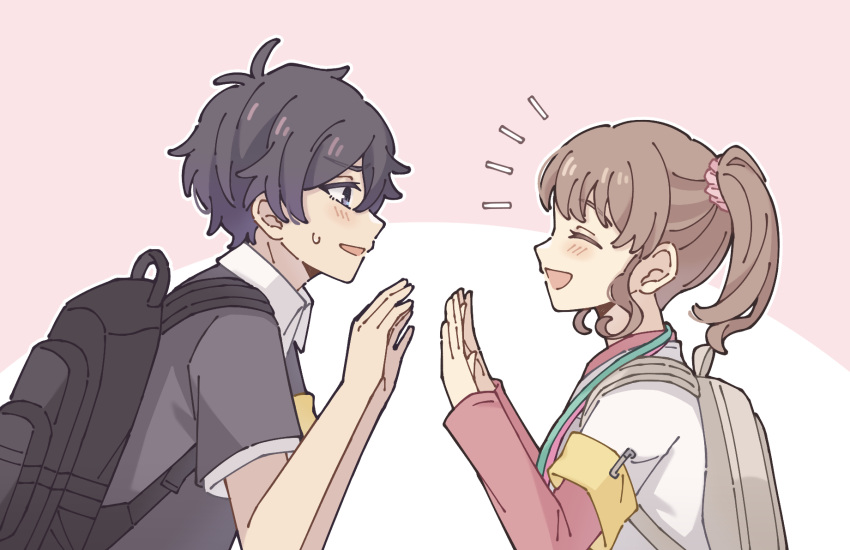 1boy, 1girl, backpack, bag, black_bag, black_eyes, black_hair, black_shirt