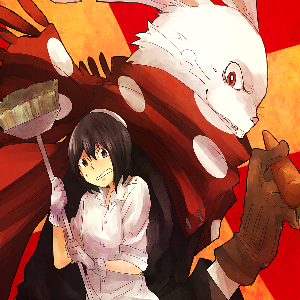 broom, brown_eyes, brown_hair, bunny, carrot, gloves, hands, jacket_(jackt)