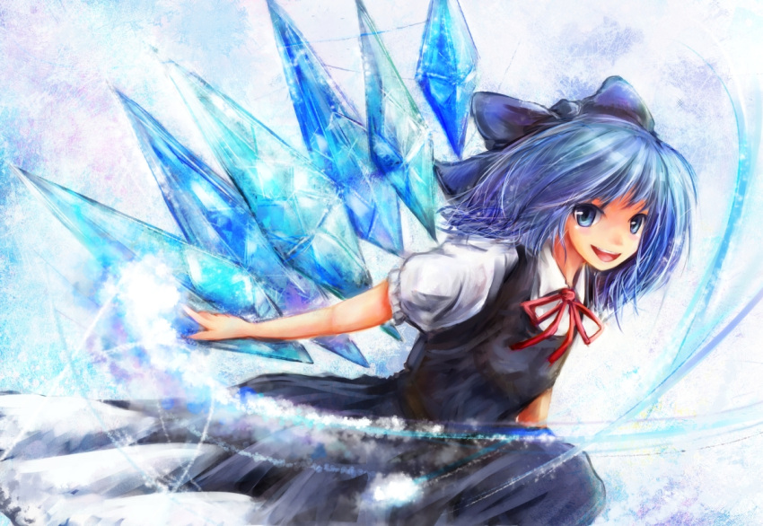 bad_id, blue_dress, blue_eyes, blue_hair, blush, bow, cirno, dot_heit