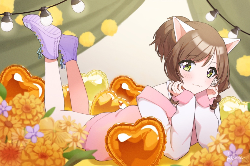 1girl, :3, animal_ears, balloon, bare_legs, blush, brown_hair, cat_ears, curly_sidelocks, curtains, fake_animal_ears, fang, flower, full_body, green_eyes, halterneck, hands_on_own_cheeks, hands_on_own_face, hanging_light, heart_balloon, high_ponytail, idolmaster, idolmaster_cinderella_girls, kasane_matcha, legs_up, looking_at_viewer, lying, maekawa_miku, on_stomach, purple_footwear, shoes, short_hair, side_part, signature, sleeves_past_wrists, sneakers, solo, two-tone_dress, yellow_flower, yellow_theme
