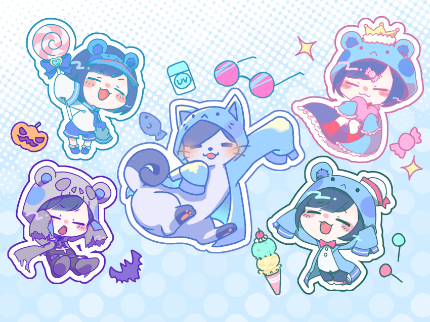 1boy, :3, animal_ear_hood, animalization, blue_coat, blue_hair, blue_sailor_collar, blue_shorts, blush_stickers, candy, chibi, closed_eyes, closed_mouth, coat, commentary_request, crown, food, grey_coat, highres, holding, holding_candy, holding_food, holding_lollipop, hood, hood_up, lollipop, long_sleeves, maimaimaigoen, multiple_views, mumoma, open_clothes, open_coat, open_mouth, sailor_collar, sailor_shirt, shirt, short_hair, shorts, sleeves_past_fingers, sleeves_past_wrists, swirl_lollipop, wataru_(maimaimaigoen), white_shirt