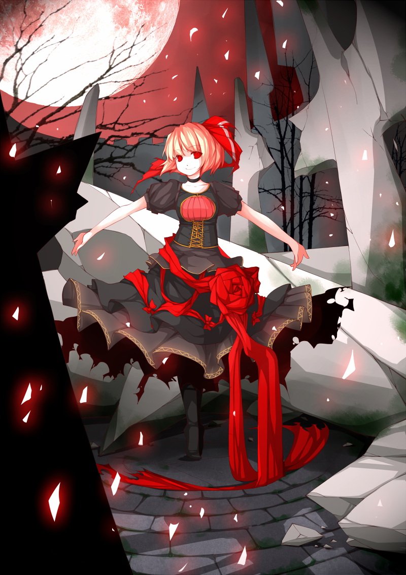 alternate_costume, blonde_hair, choker, hair_ribbon, looking_at_viewer, moon, noirly, outstretched_arms, red_eyes, red_moon, ribbon, ruins, rumia, short_hair, smile, solo, spread_arms, touhou
