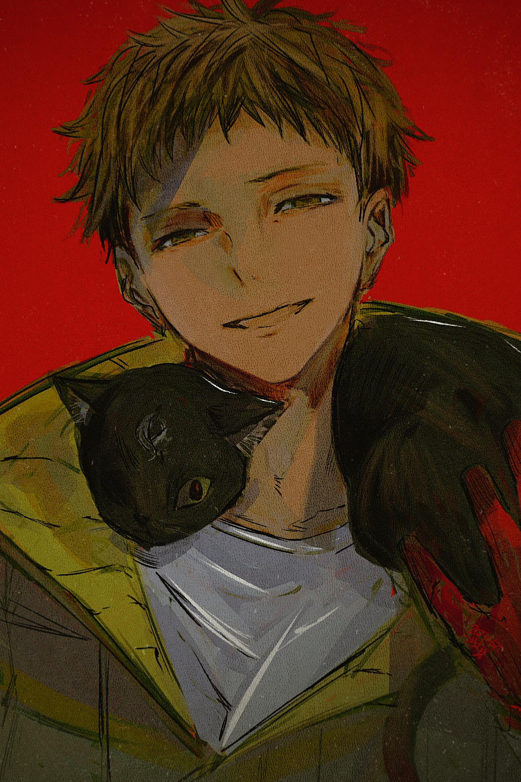 1boy, black_cat, brown_eyes, brown_hair, cat, chipie_(gnosia), coat, gnosia