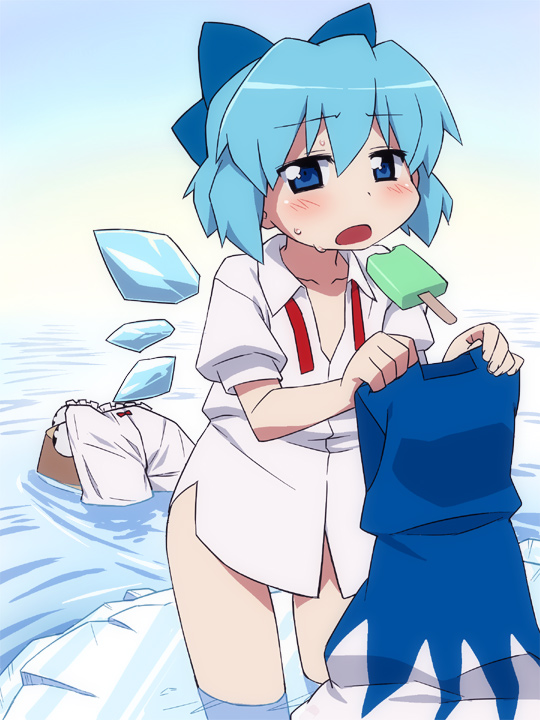 bloomers, blue_dress, blue_eyes, blue_hair, blush, bottomless, bow, cirno