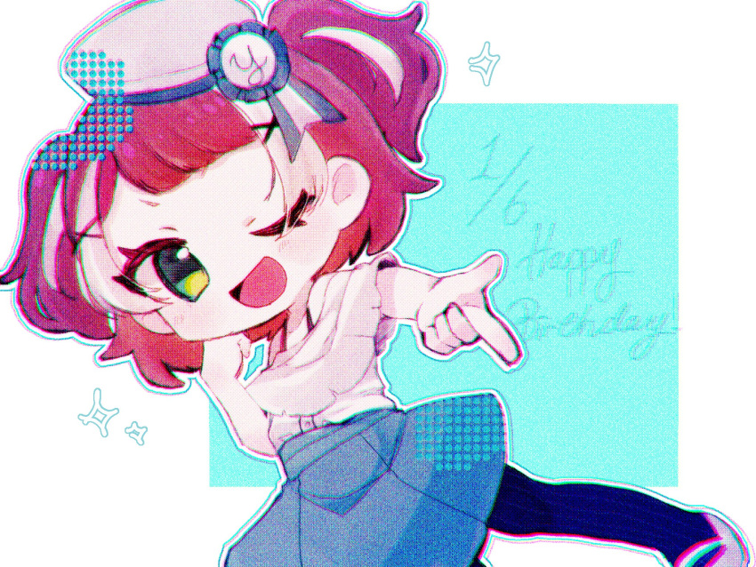 1girl, ;d, alternate_hair_color, blue_pantyhose, blue_skirt, commentary_request, dated, english_text