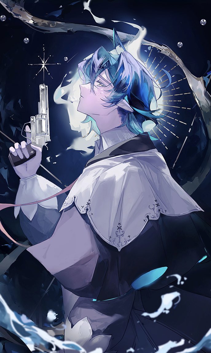1boy, ahoge, arknights, black_shirt, blue_background, blue_hair, collar, colored_inner_hair