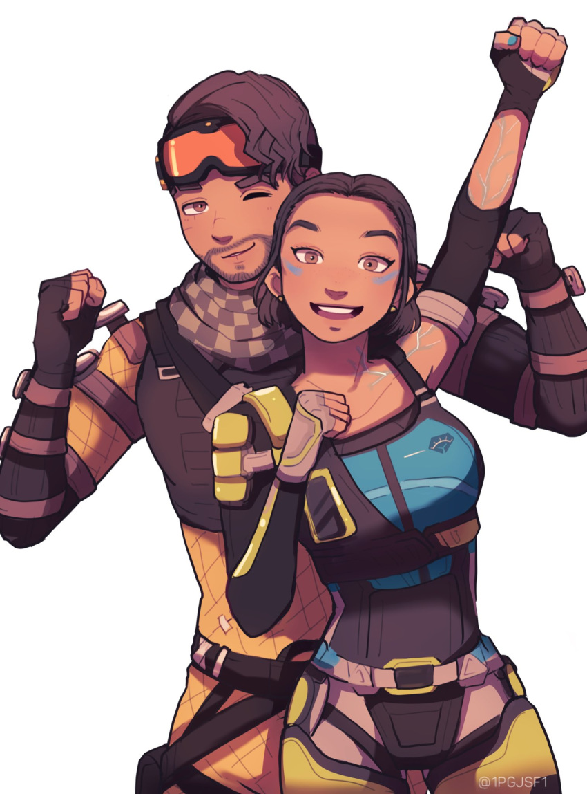 1boy, 1girl, animification, apex_legends, black_bodysuit, black_gloves, blue_shirt, bodysuit, brown_hair, checkered_clothes, checkered_scarf, clenched_hands, conduit_(apex_legends), dark-skinned_male, dark_skin, earrings, elbow_gloves, electricity, facial_hair, fingerless_gloves, gloves, goatee, goggles, goggles_on_head, green_scarf, grey_gloves, highres, jewelry, looking_at_viewer, mirage_(apex_legends), one_eye_closed, open_mouth, orange_bodysuit, pipa_(1pgjsf1), scarf, shirt, short_hair, smile, white_background