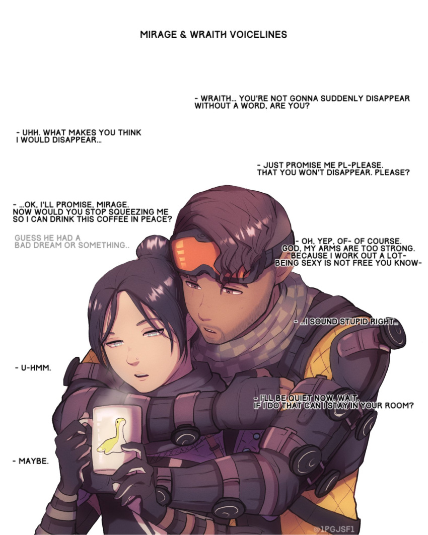 1boy, 1girl, apex_legends, black_bodysuit, black_gloves, blue_eyes, bodysuit, brown_eyes, brown_hair, checkered_clothes, checkered_scarf, cup, dark-skinned_male, dark_skin, english_commentary, english_text, facial_hair, gloves, goatee, goggles, goggles_on_head, green_scarf, hair_bun, hetero, highres, holding, holding_cup, hug, hug_from_behind, looking_at_viewer, mirage_(apex_legends), mug, nessie_(respawn), orange_bodysuit, parted_bangs, parted_lips, pipa_(1pgjsf1), scarf, single_hair_bun, steam, upper_body, white_background, wraith_(apex_legends)