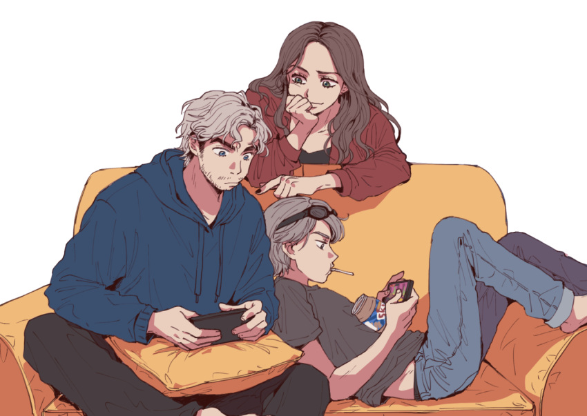 1girl, 2boys, animification, avengers:_age_of_ultron, avengers_(series), barefoot, black_dress, black_nails