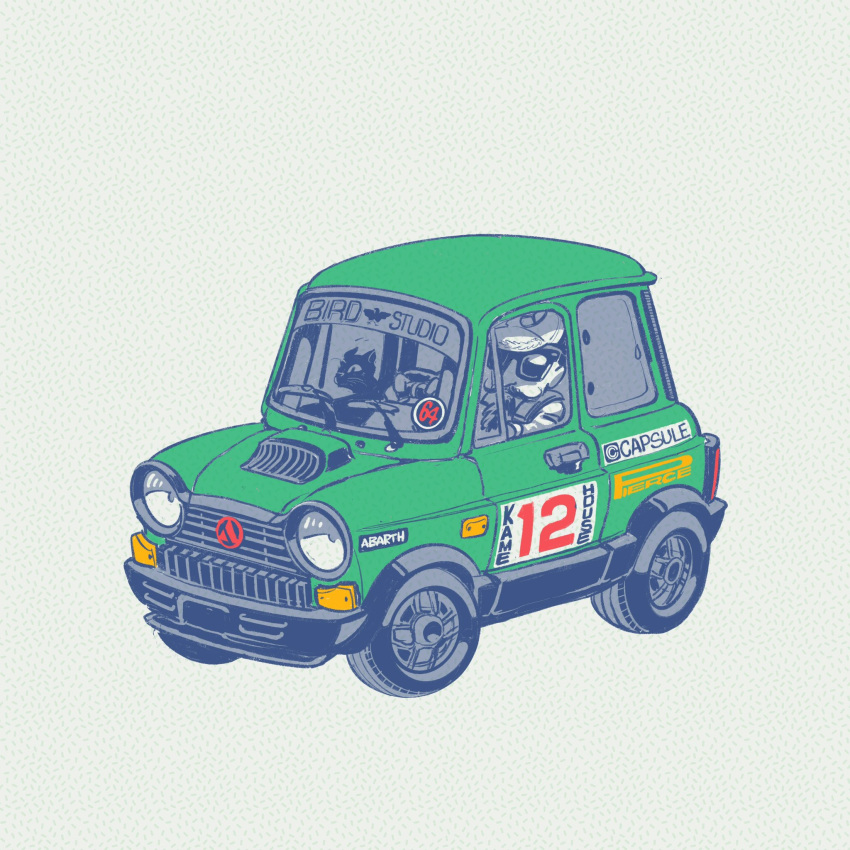 1boy, abarth, autobianchi, autobianchi_a112_abarth, baseball_cap, beard, capsule_corp, car