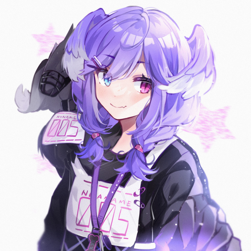 1girl, black_shirt, blue_eyes, braid, ember_(selen_tatsuki), fang, hair_ornament, hairclip